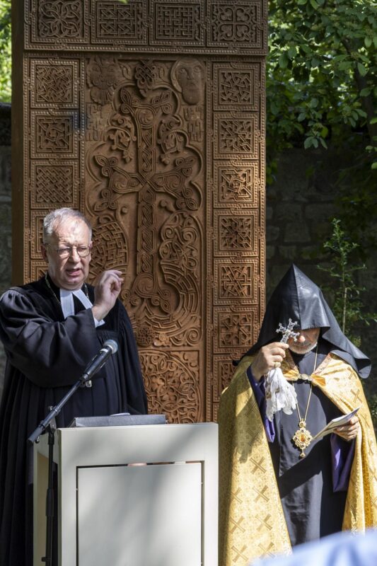 Regional Bishop Dr. Johann Schneider, at left, with Bishop Serovbé Isakhanyan
